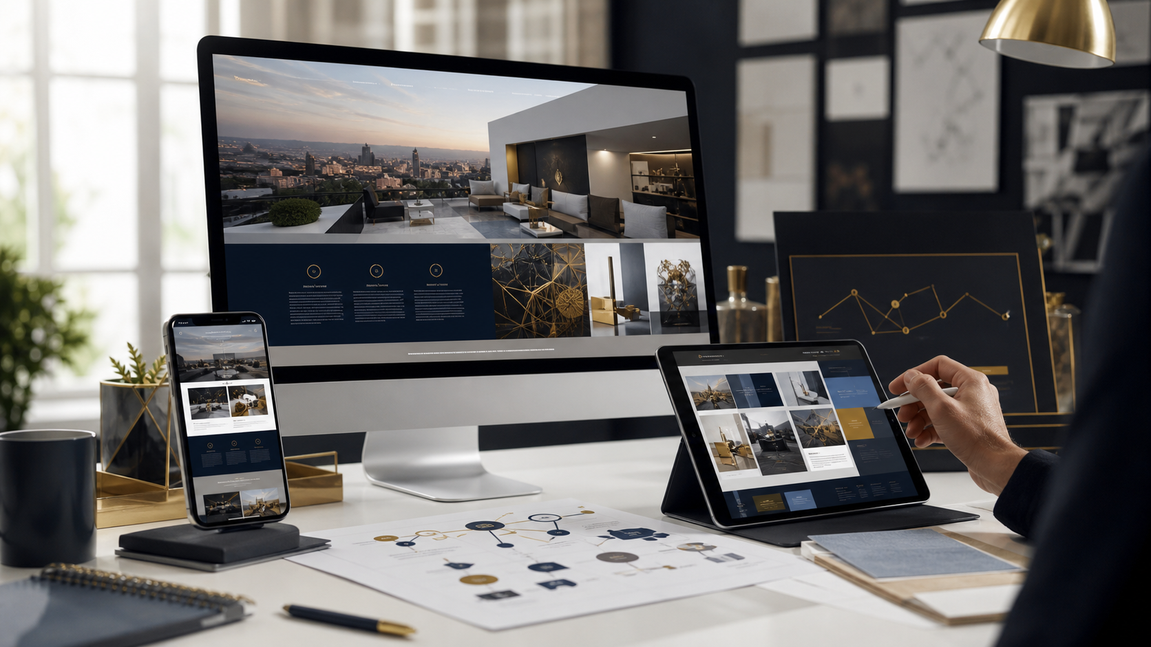 Premium website strategy workspace with responsive website mockups and conversion planning dashboards